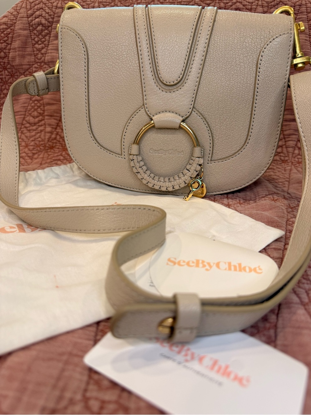 See by Chloé Mini Hana Crossbody Cement Beige Leather Gold Ring Dust Bag